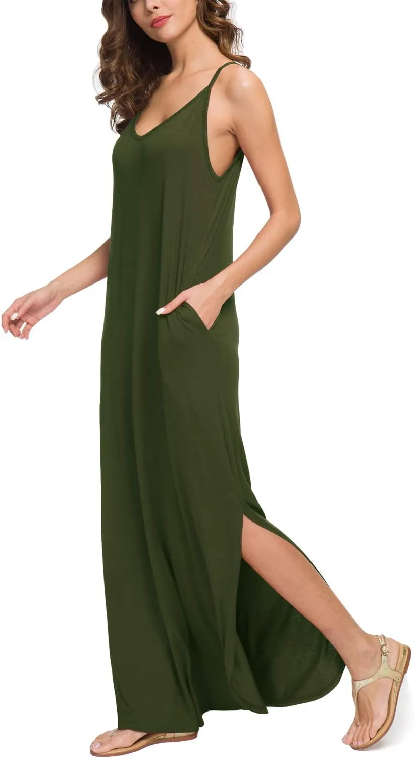 GRECERELLE Women's Summer Casual Loose Dress Beach Cover Up Long Cami Maxi Dresses with Pocket
