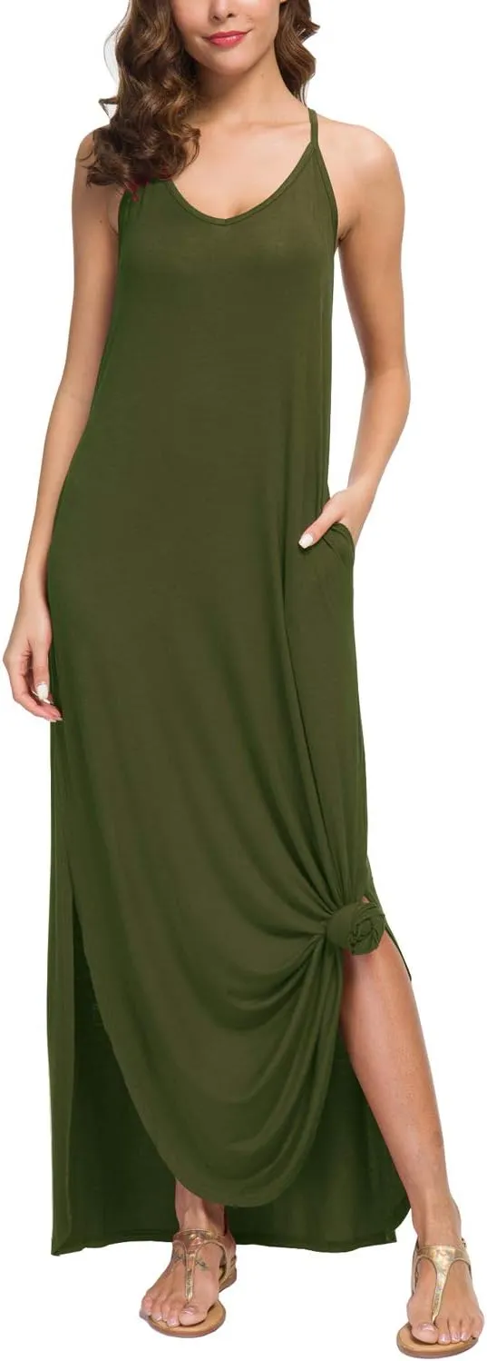 GRECERELLE Women's Summer Casual Loose Dress Beach Cover Up Long Cami Maxi Dresses with Pocket