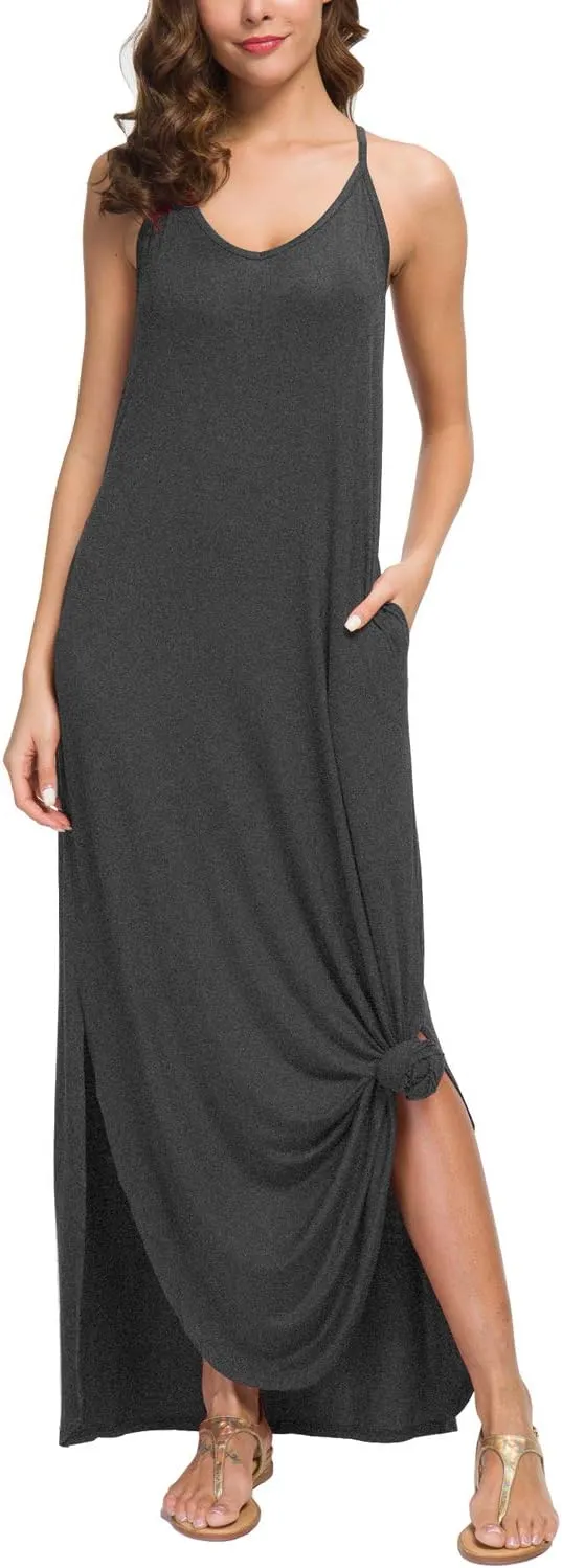 GRECERELLE Women's Summer Casual Loose Dress Beach Cover Up Long Cami Maxi Dresses with Pocket