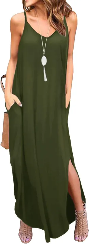 GRECERELLE Women's Summer Casual Loose Dress Beach Cover Up Long Cami Maxi Dresses with Pocket