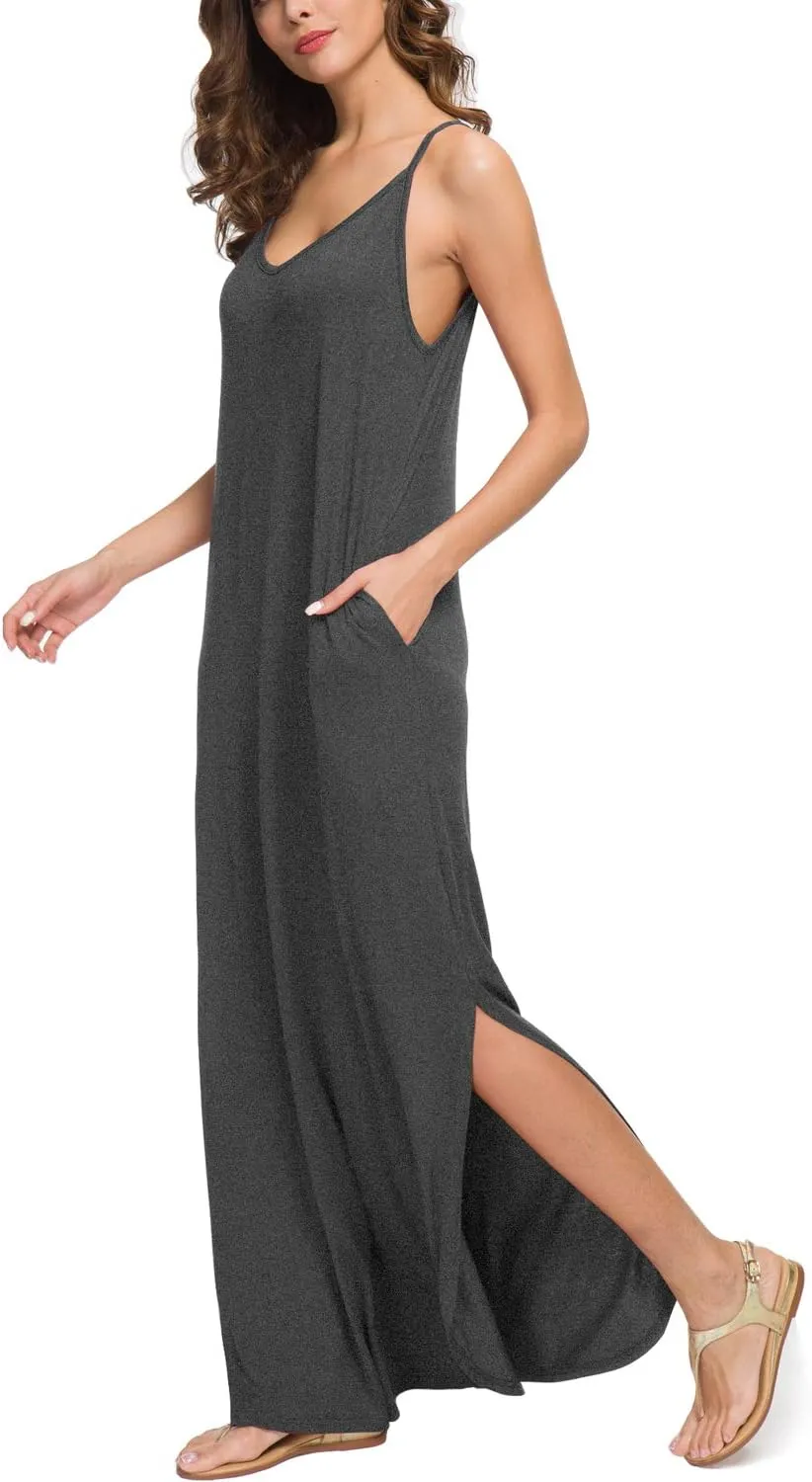 GRECERELLE Women's Summer Casual Loose Dress Beach Cover Up Long Cami Maxi Dresses with Pocket