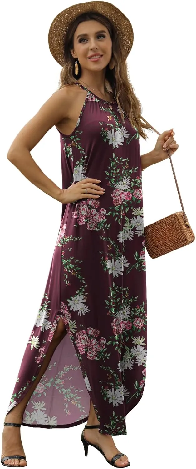 GRECERELLE Women's Summer Casual Loose Sundress Halter/U-Neck Sleeveless Side Slit Long Maxi Dress