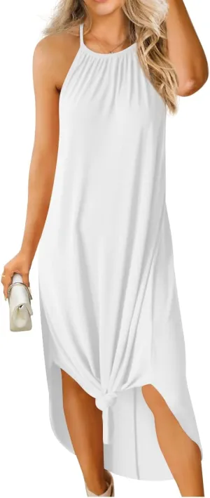 GRECERELLE Women's Summer Casual Loose Sundress Halter/U-Neck Sleeveless Side Slit Long Maxi Dress