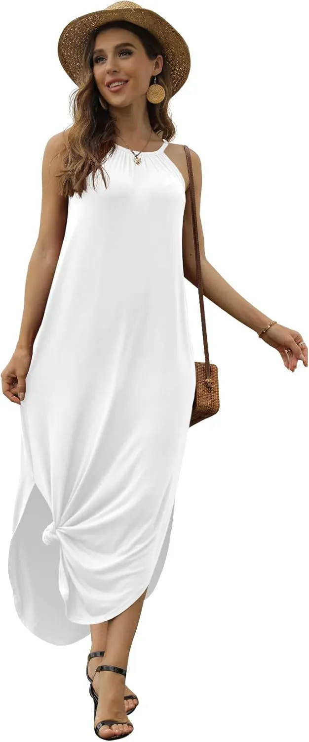 GRECERELLE Women's Summer Casual Loose Sundress Halter/U-Neck Sleeveless Side Slit Long Maxi Dress