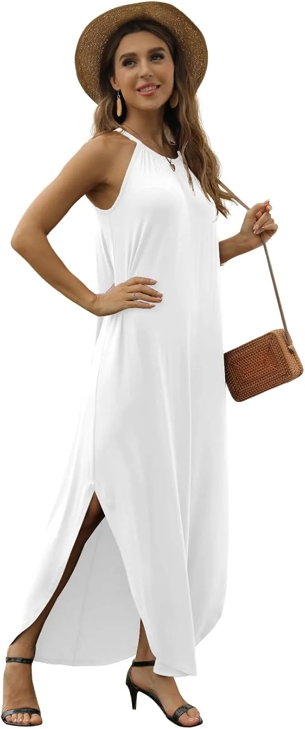 GRECERELLE Women's Summer Casual Loose Sundress Halter/U-Neck Sleeveless Side Slit Long Maxi Dress