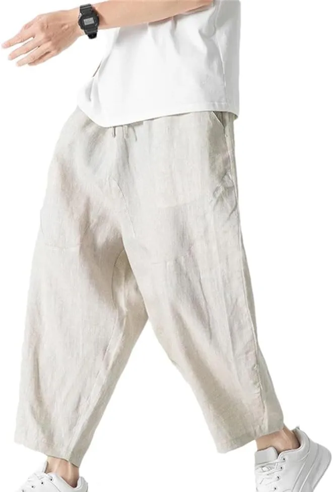 Hgvcfcv Linen Harem Pants Summer Casual Wide-Leg Jogging Pants Oversized Streetwear Breathable Men Loose Trousers