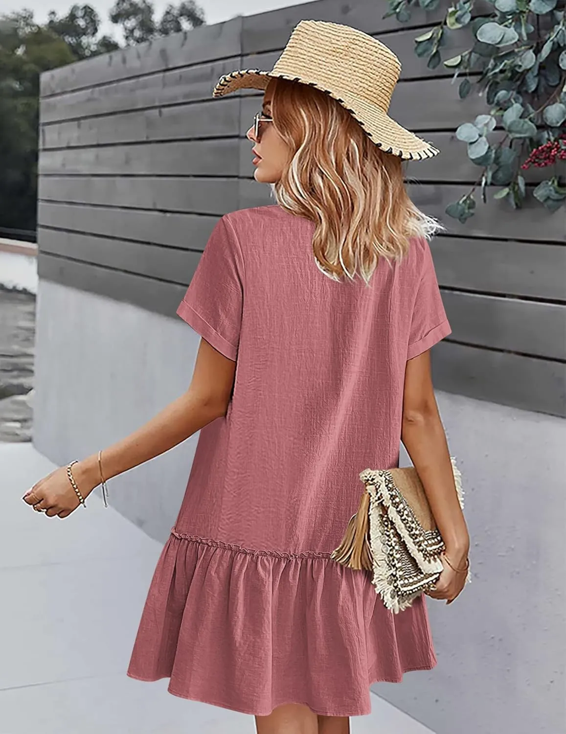 HOTOUCH Women Button Down Dress Loose Summer Cotton Linen Dress Ruffle Hem Casual Dress Short Sleeve Tunic Dress