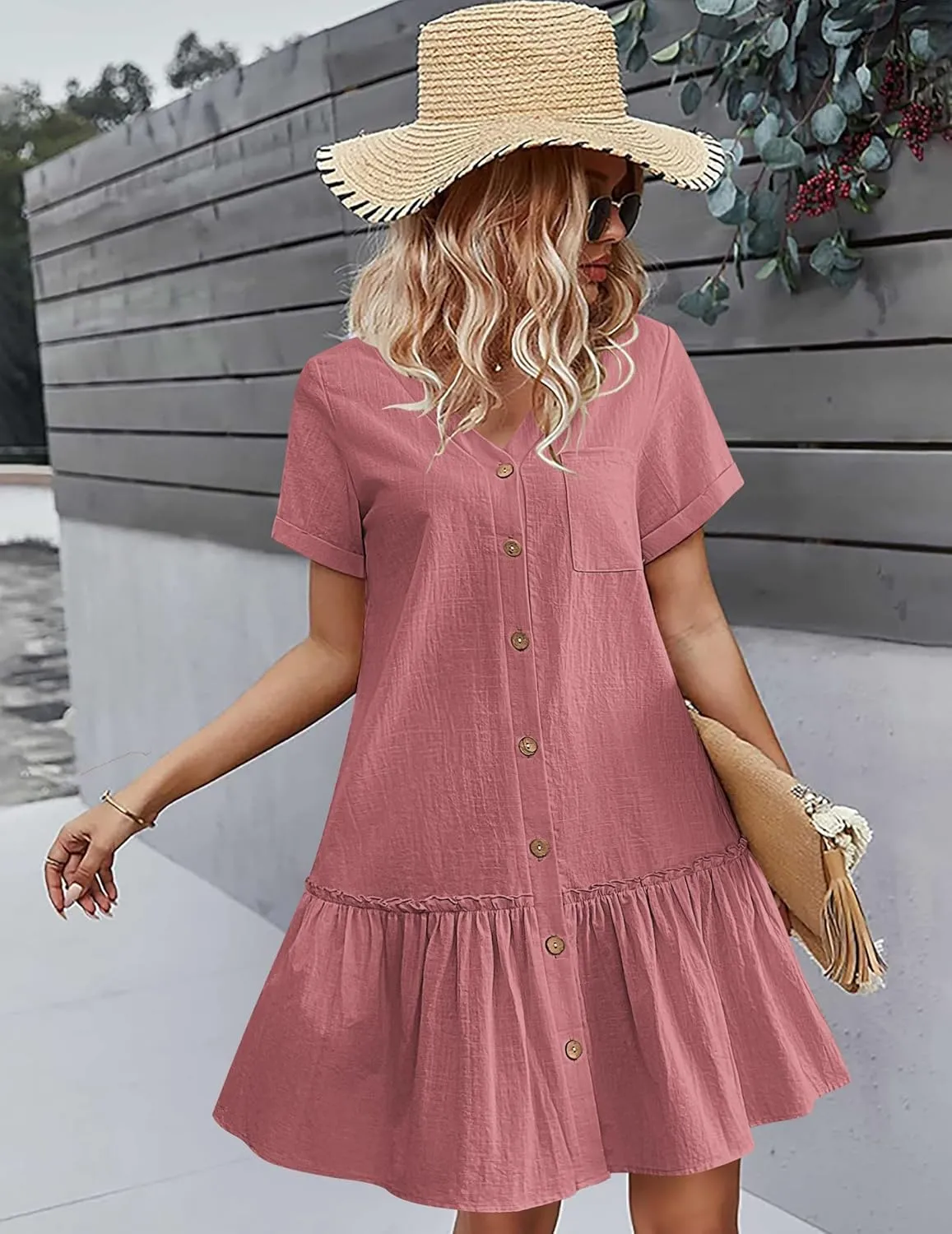 HOTOUCH Women Button Down Dress Loose Summer Cotton Linen Dress Ruffle Hem Casual Dress Short Sleeve Tunic Dress