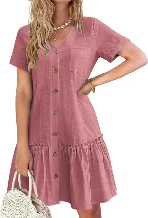 HOTOUCH Women Button Down Dress Loose Summer Cotton Linen Dress Ruffle Hem Casual Dress Short Sleeve Tunic Dress