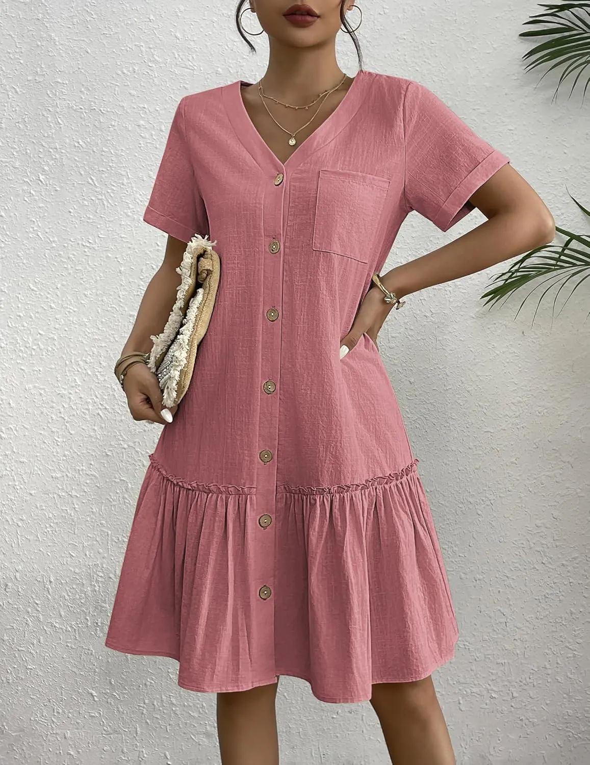 HOTOUCH Women Button Down Dress Loose Summer Cotton Linen Dress Ruffle Hem Casual Dress Short Sleeve Tunic Dress