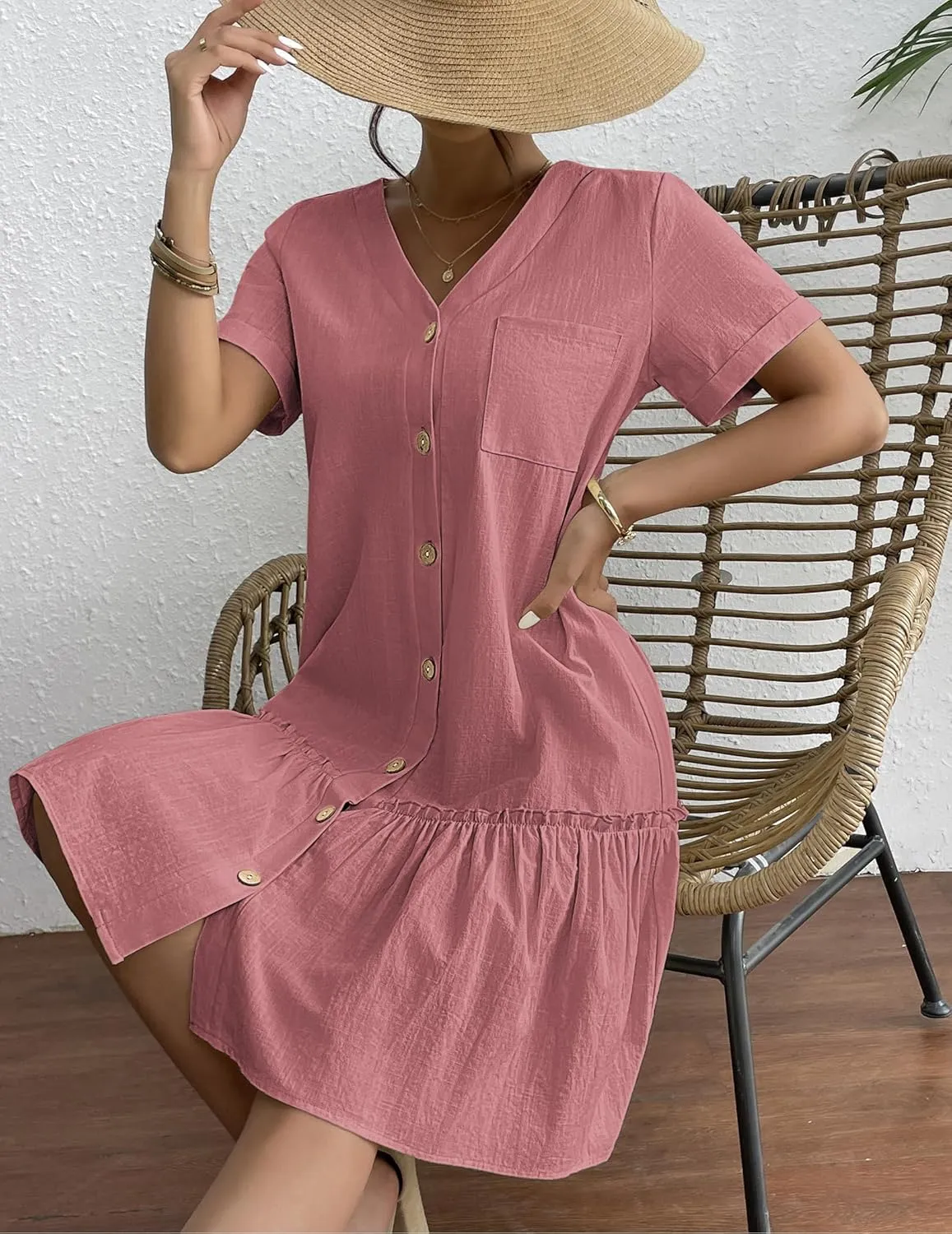 HOTOUCH Women Button Down Dress Loose Summer Cotton Linen Dress Ruffle Hem Casual Dress Short Sleeve Tunic Dress