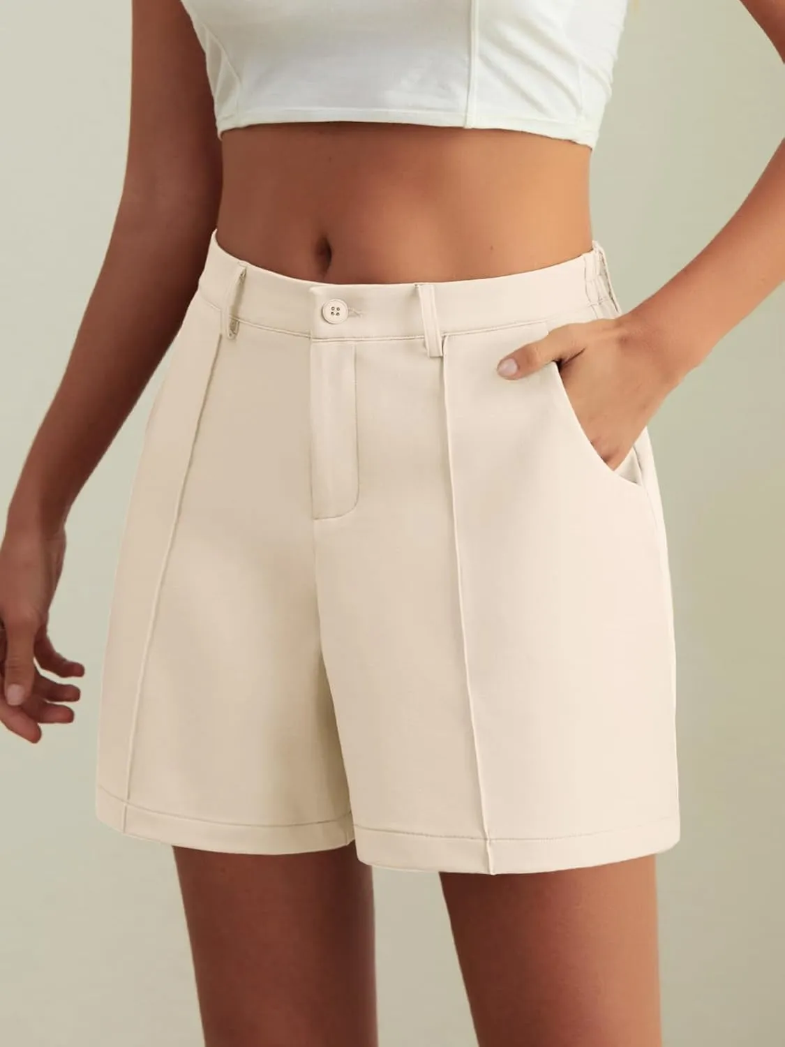 HWOKEFEIYU Women's Shorts Dressy Casual High Waisted Elastic Pleated Trendy Summer Shorts with Pockets