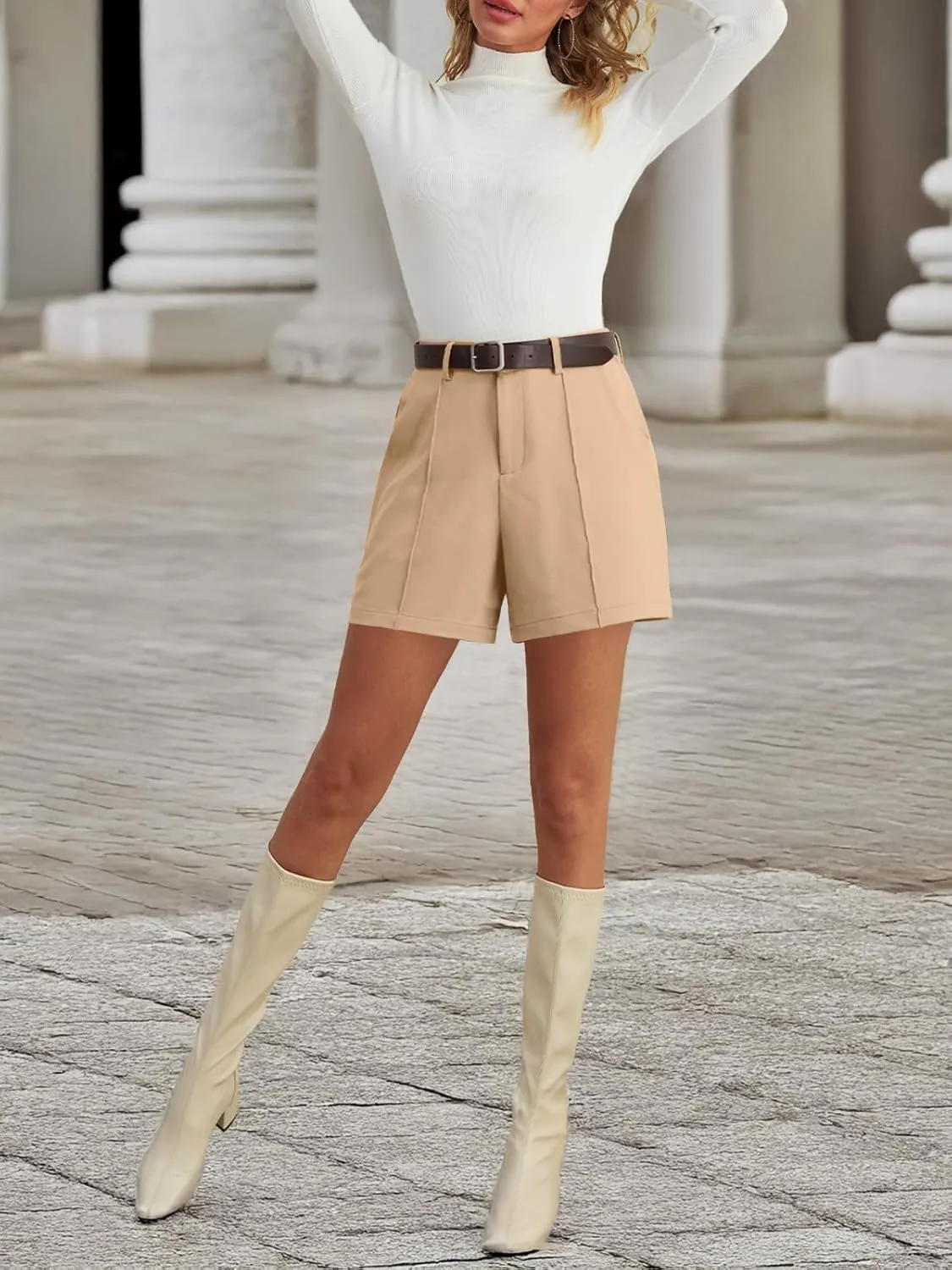 HWOKEFEIYU Women's Shorts Dressy Casual High Waisted Elastic Pleated Trendy Summer Shorts with Pockets