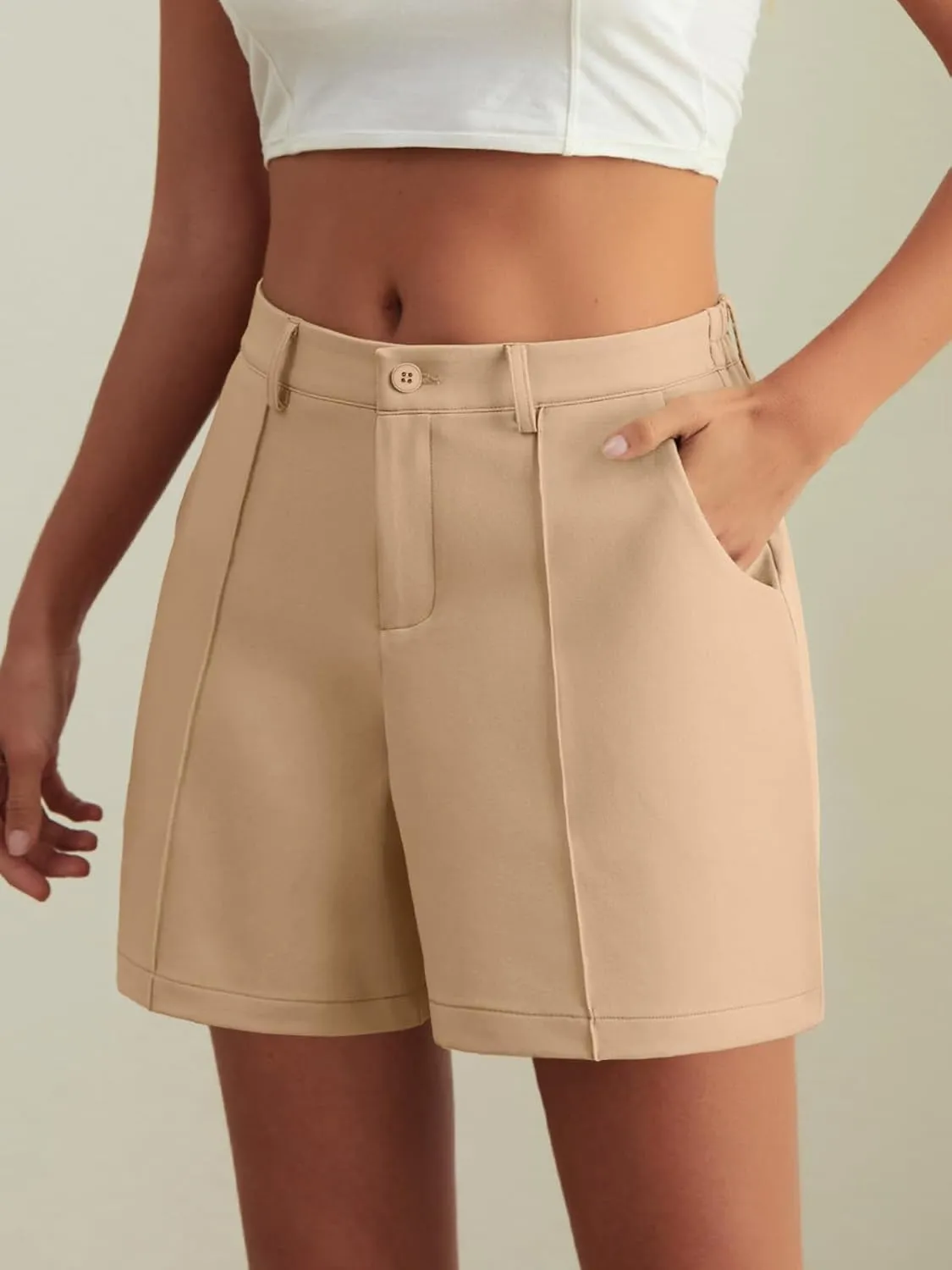 HWOKEFEIYU Women's Shorts Dressy Casual High Waisted Elastic Pleated Trendy Summer Shorts with Pockets