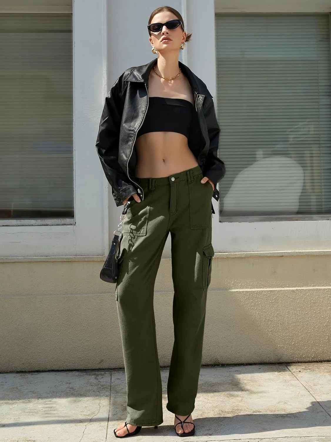 IFFEI Womens Cargo Pants High Waisted Wide Leg Trousers Baggy Multiple Pockets Hiking Pants