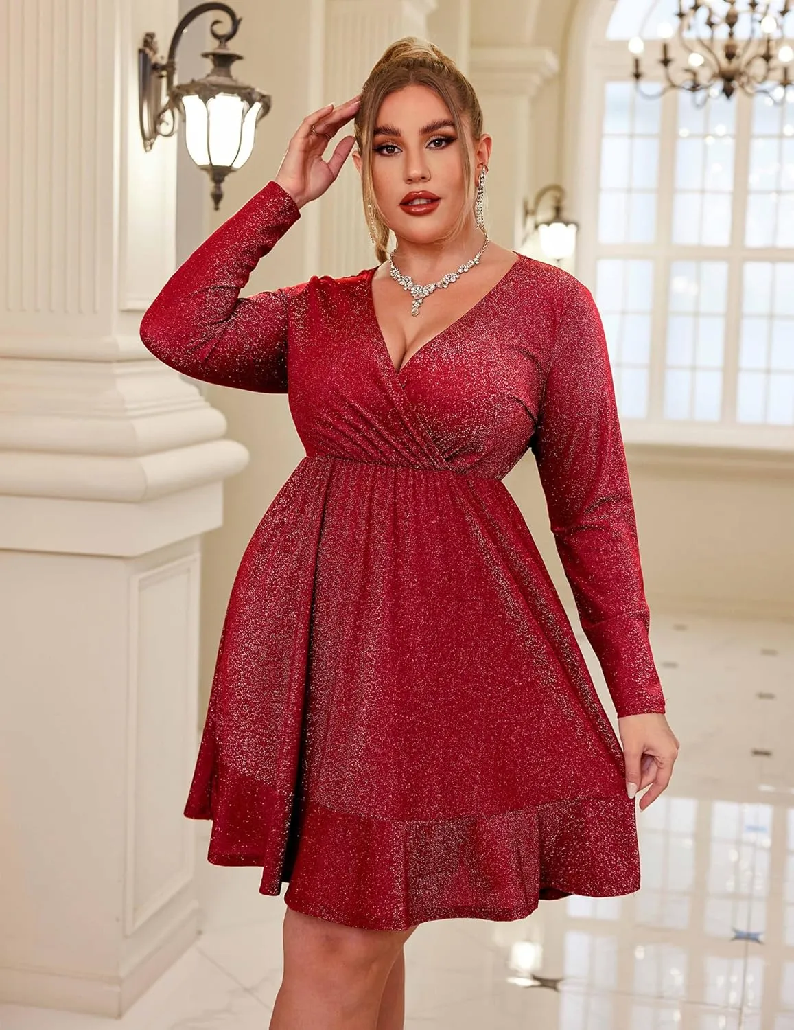 IN'VOLAND Plus Size Womens Glitter Dress V Neck Long Sleeve Ruffle Hem Swing Club Cocktail Party Dresses
