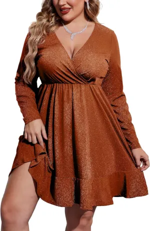 IN'VOLAND Plus Size Womens Glitter Dress V Neck Long Sleeve Ruffle Hem Swing Club Cocktail Party Dresses