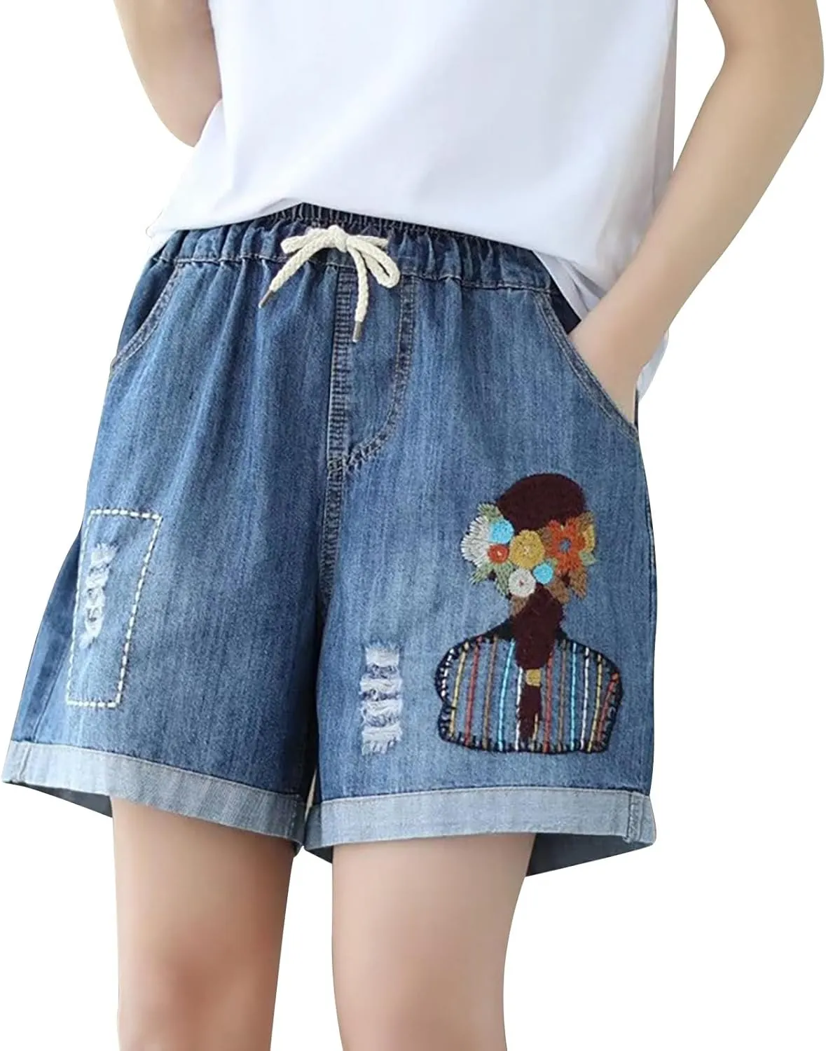 Jean Shorts Womens Elastic High Waisted Denim Bermuda Shorts Baggy Plus Size Embroidery Long Jeans Jorts with Pocket