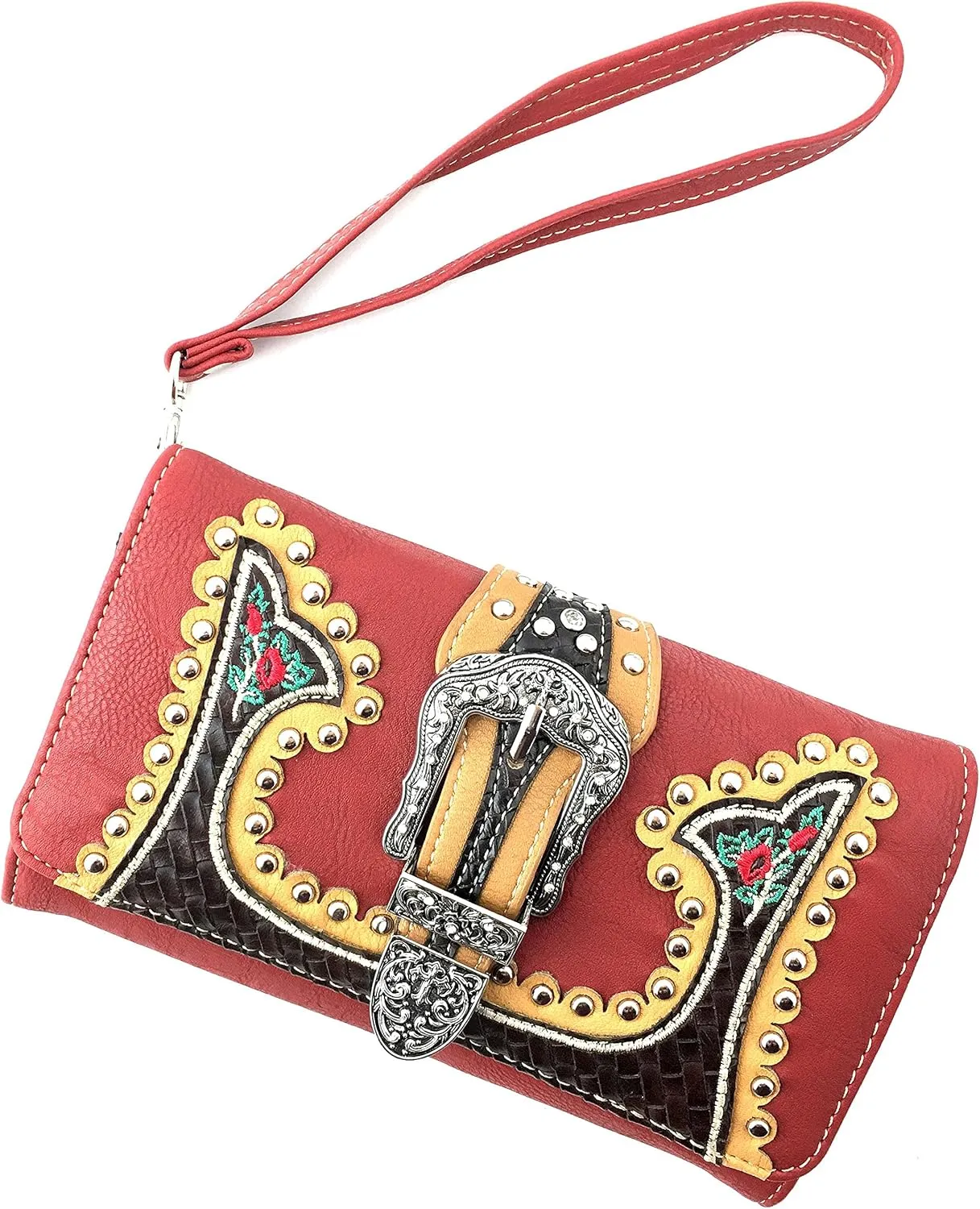 Just In West Embroidery Floral Rose Stud Buckle Wristlet Trifold Wallet Attachable Long Strap