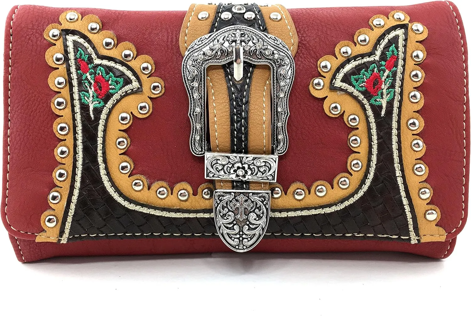 Just In West Embroidery Floral Rose Stud Buckle Wristlet Trifold Wallet Attachable Long Strap