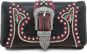 Just In West Embroidery Floral Rose Stud Buckle Wristlet Trifold Wallet Attachable Long Strap
