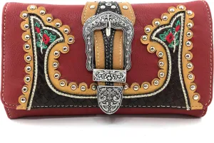 Just In West Embroidery Floral Rose Stud Buckle Wristlet Trifold Wallet Attachable Long Strap