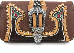 Just In West Embroidery Floral Rose Stud Buckle Wristlet Trifold Wallet Attachable Long Strap