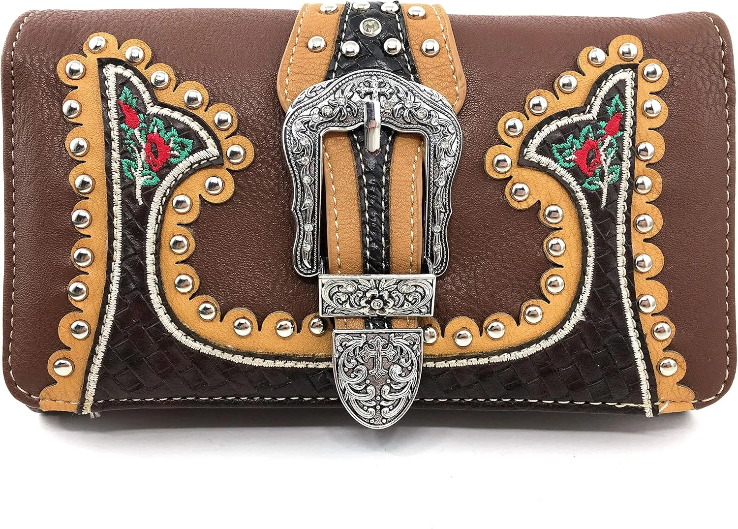 Just In West Embroidery Floral Rose Stud Buckle Wristlet Trifold Wallet Attachable Long Strap