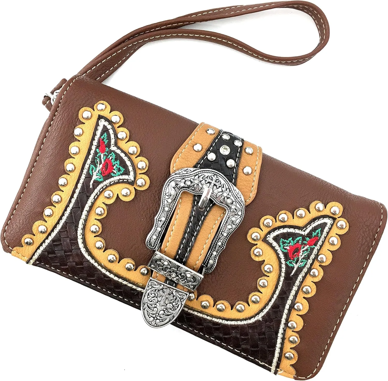 Just In West Embroidery Floral Rose Stud Buckle Wristlet Trifold Wallet Attachable Long Strap