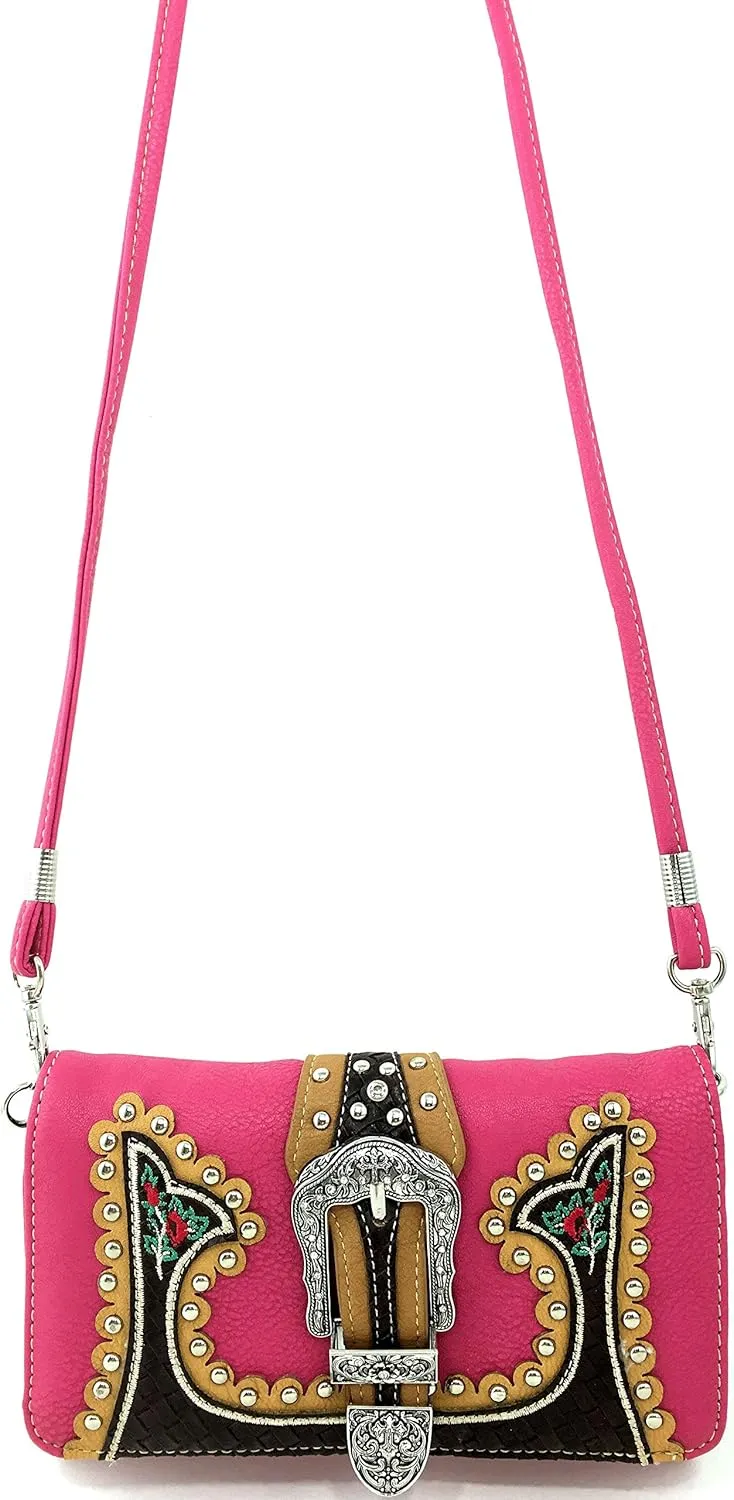 Just In West Embroidery Floral Rose Stud Buckle Wristlet Trifold Wallet Attachable Long Strap