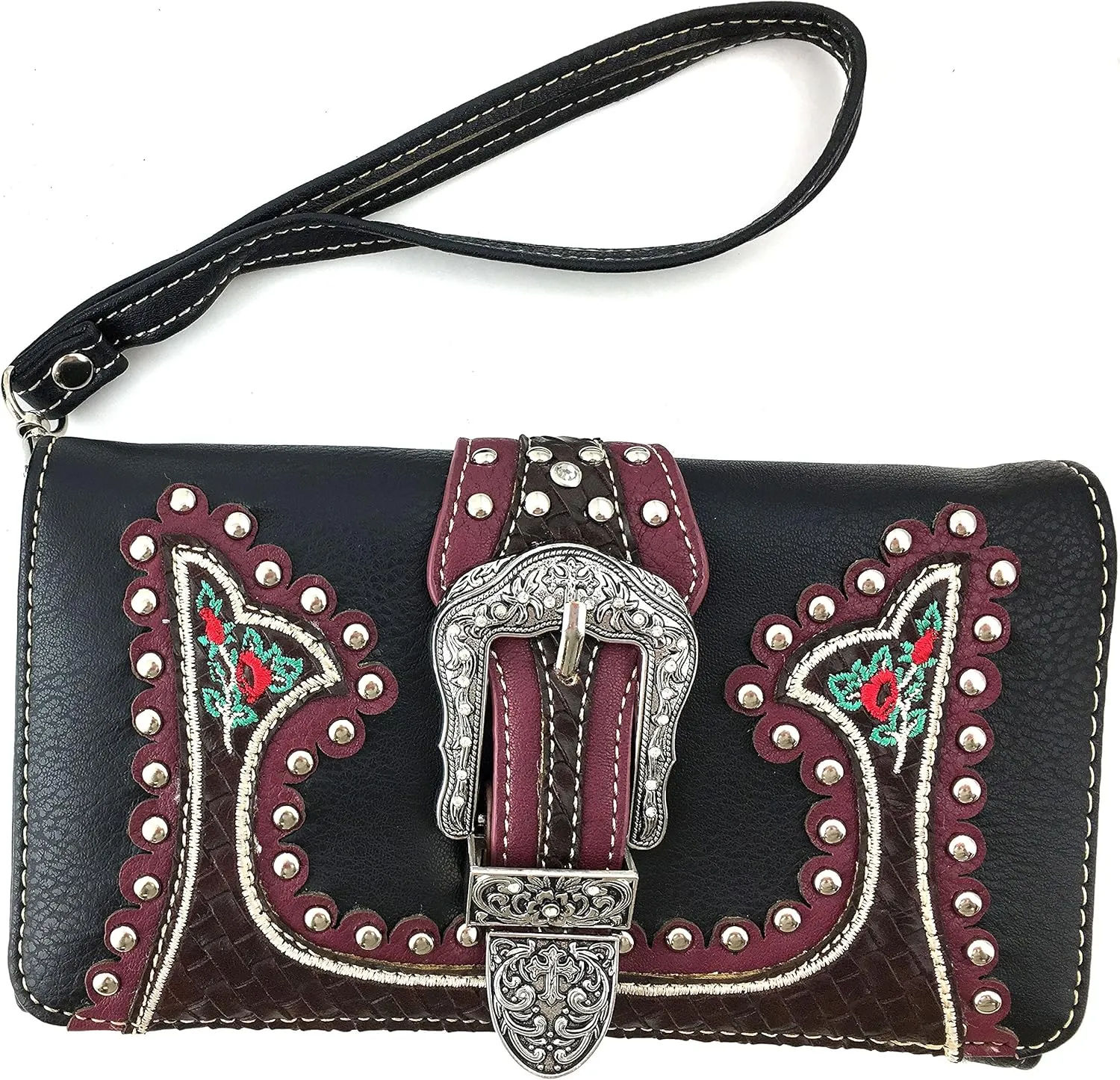 Just In West Embroidery Floral Rose Stud Buckle Wristlet Trifold Wallet Attachable Long Strap