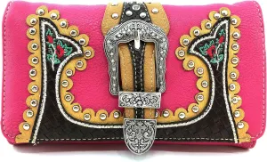 Just In West Embroidery Floral Rose Stud Buckle Wristlet Trifold Wallet Attachable Long Strap