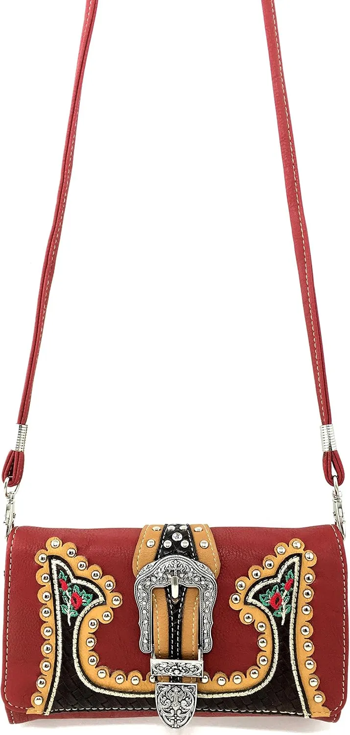 Just In West Embroidery Floral Rose Stud Buckle Wristlet Trifold Wallet Attachable Long Strap