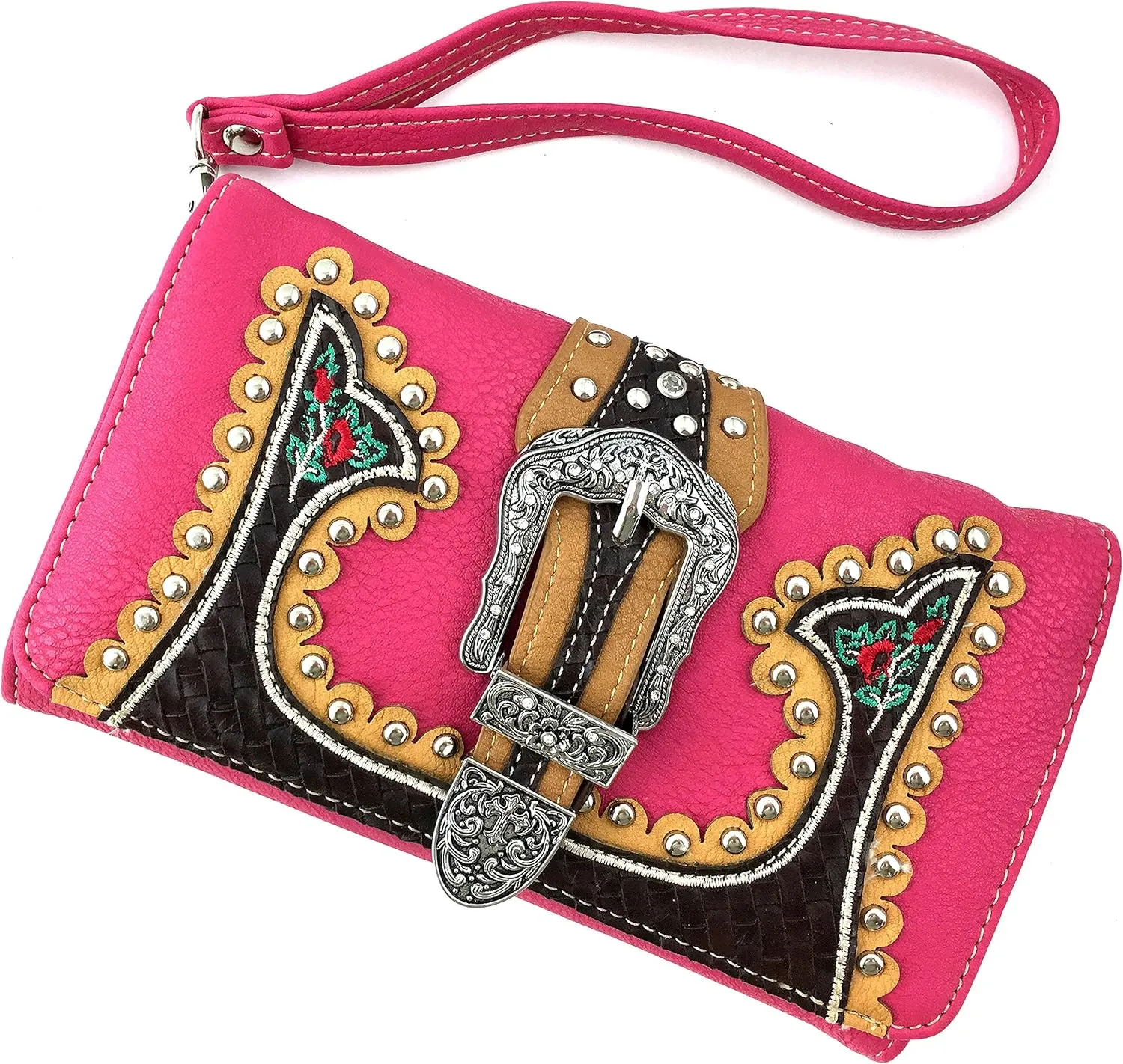 Just In West Embroidery Floral Rose Stud Buckle Wristlet Trifold Wallet Attachable Long Strap
