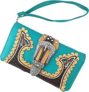 Just In West Embroidery Floral Rose Stud Buckle Wristlet Trifold Wallet Attachable Long Strap