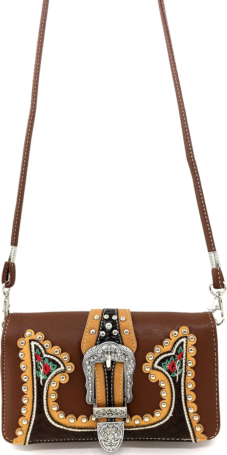 Just In West Embroidery Floral Rose Stud Buckle Wristlet Trifold Wallet Attachable Long Strap