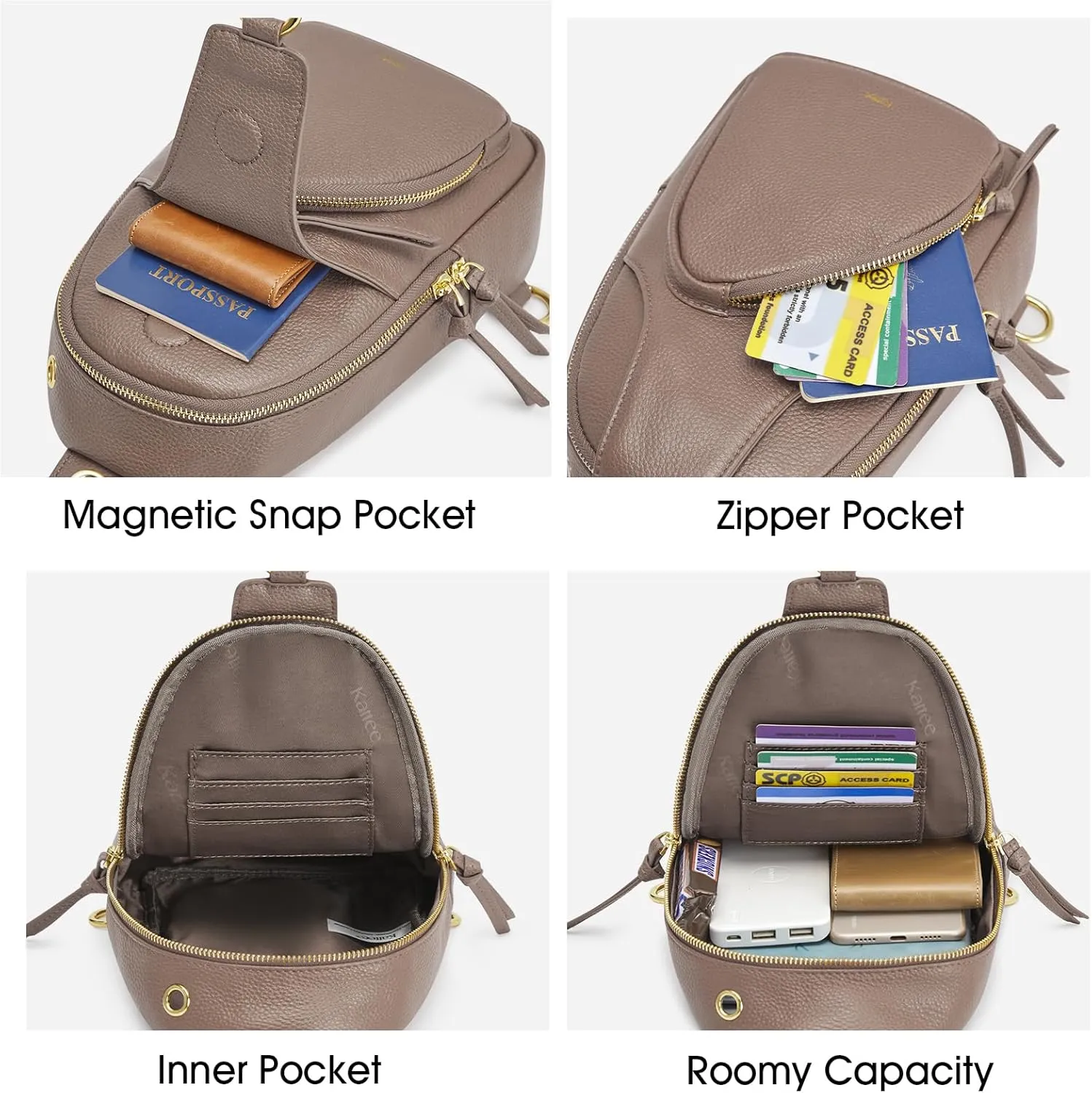 Kattee Sling Bag for Women, Leather Fanny Packs Crossbody Purse, Small Chest Bag with RFID Blocking, Khaki