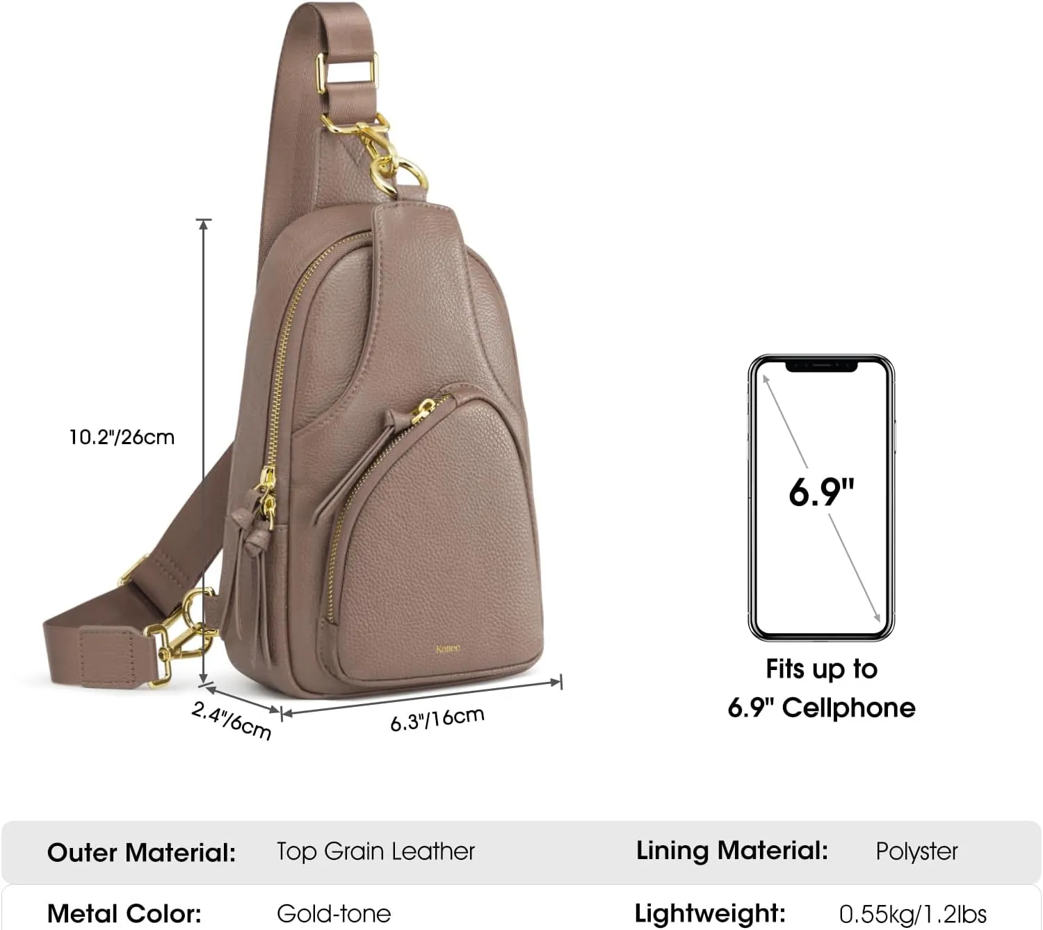Kattee Sling Bag for Women, Leather Fanny Packs Crossbody Purse, Small Chest Bag with RFID Blocking, Khaki