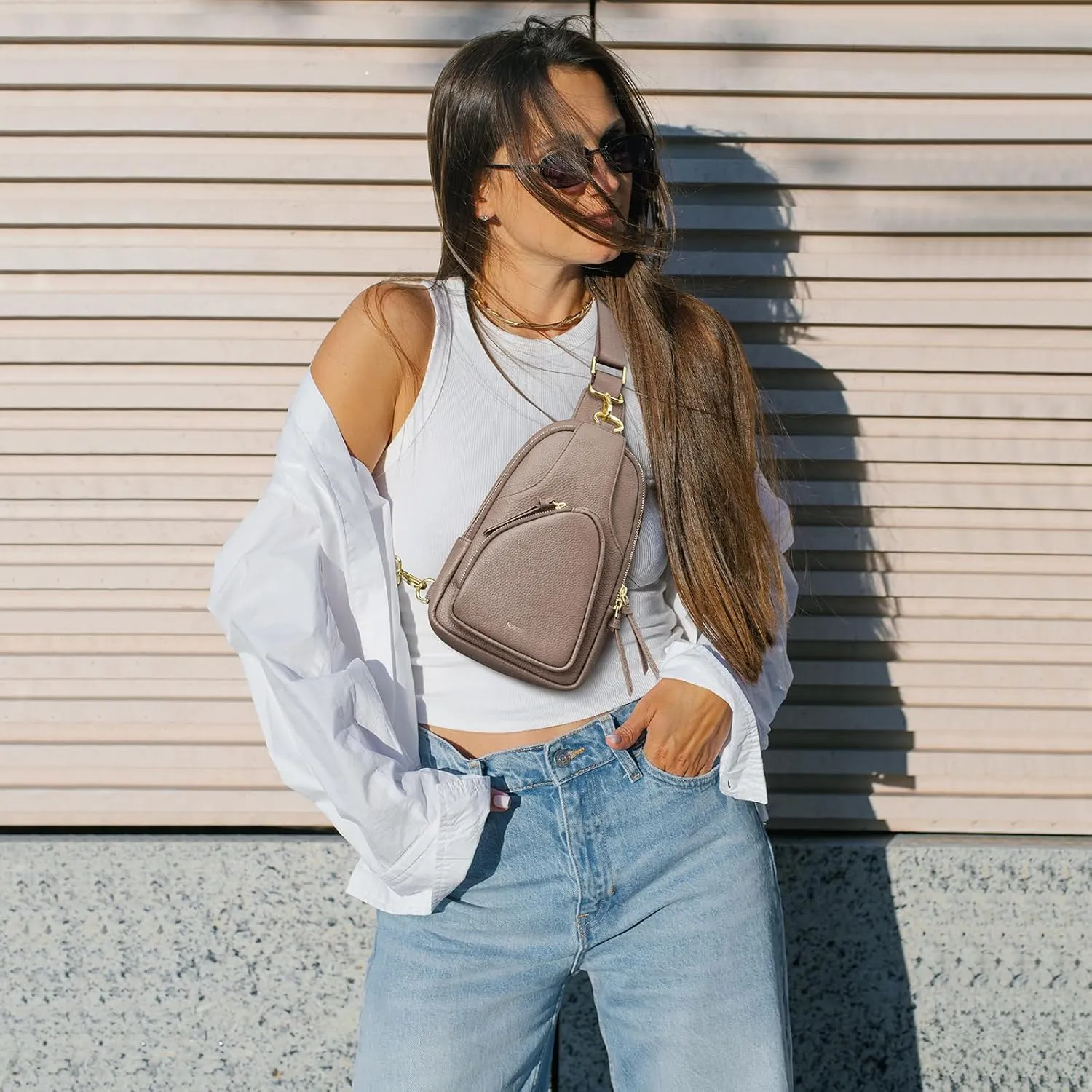 Kattee Sling Bag for Women, Leather Fanny Packs Crossbody Purse, Small Chest Bag with RFID Blocking, Khaki