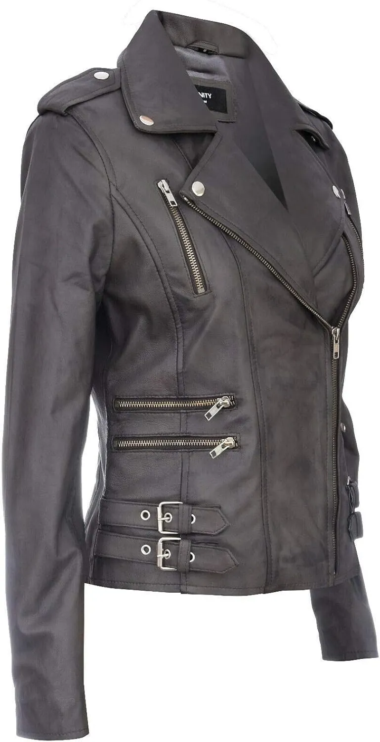 Ladies Retro 100% Nappa Leather Biker Jacket