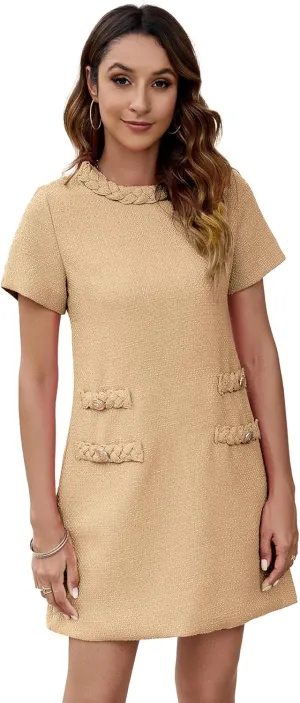 Ladyful Womens Tweed Jackie Dress Short Sleeve Elegant Crew Neck Business Party Vintage Button Bodycon Mini Jackie Dress