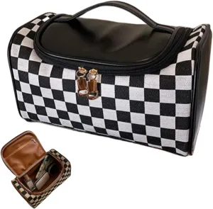 Large Capacity Checkboard Plaid Cosmetic Bag for Women Travel Makeup Organizer Waterproof Toiletry Bag (Black)
