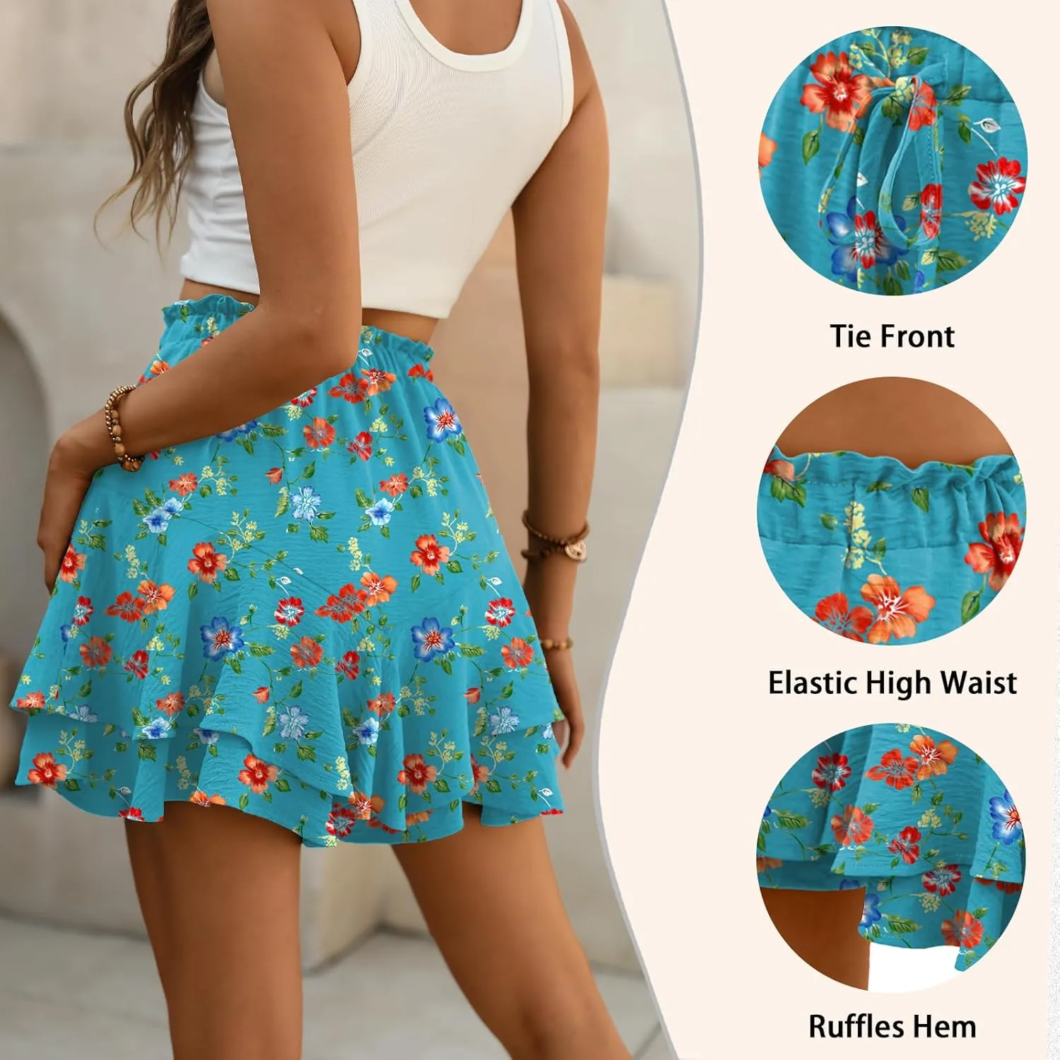 Lepunuo Flowy Shorts for Women Boho Ruffle Tiered Butterfly Skorts High Waist Mini Skirts Casual Shorts