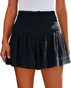 Linen Shorts for Women Summer Flowy Beach Shorts Smocked High Waisted Wide Leg Lightweight Athletic Gym Running Pants