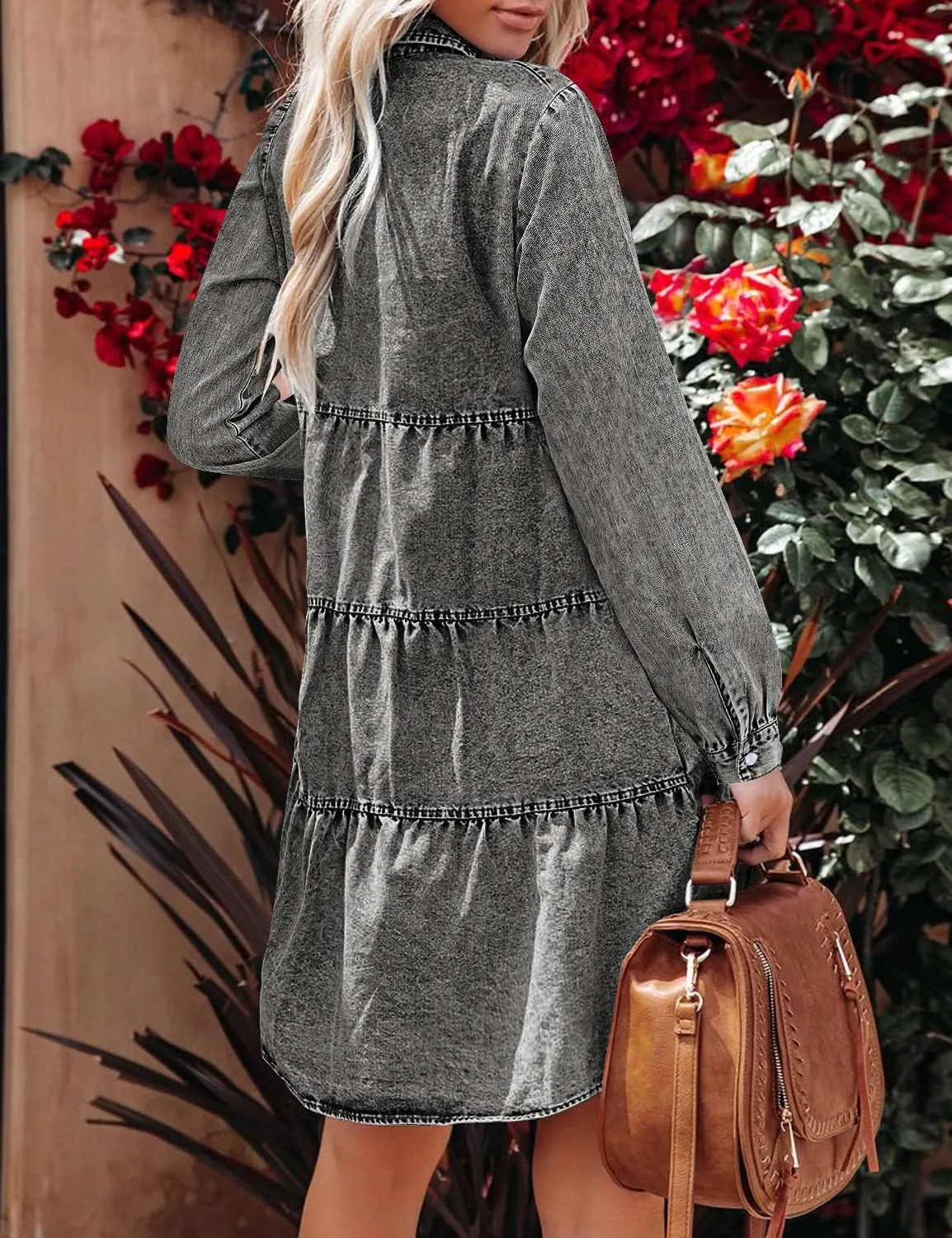LookbookStore Long Sleeve Denim Dress for Women Jean Dress Button Down Casual Babydoll Denim Shirt Dress