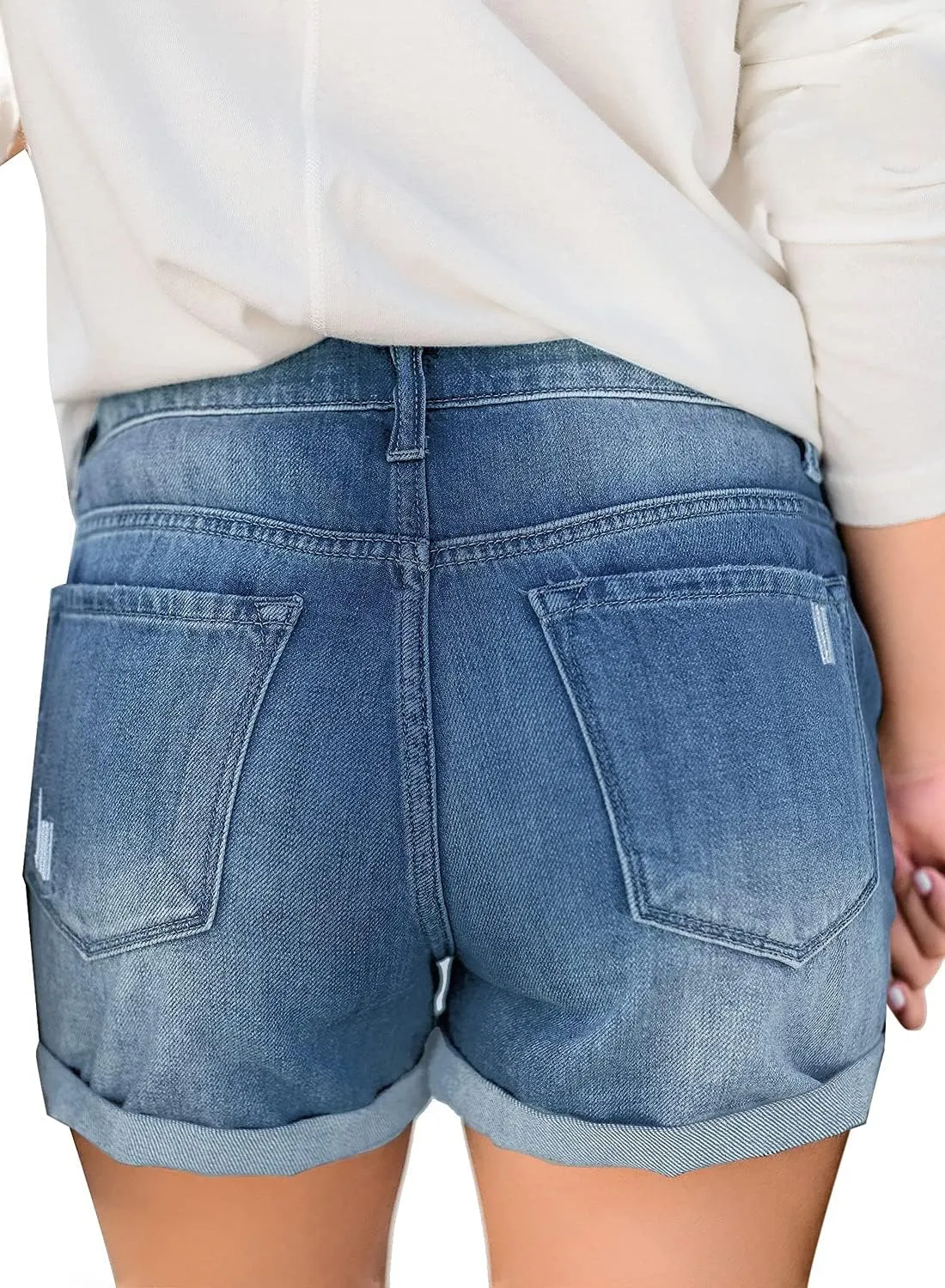 LookbookStore Women's High Waisted Rolled Hem Distressed Jeans Ripped Denim Shorts