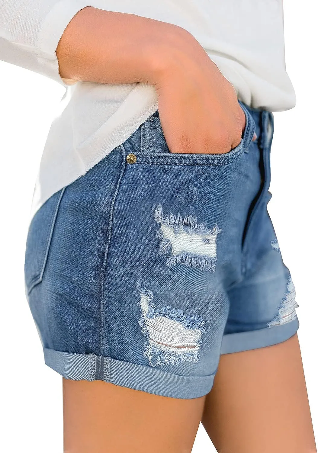 LookbookStore Women's High Waisted Rolled Hem Distressed Jeans Ripped Denim Shorts
