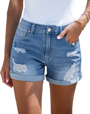 LookbookStore Women's High Waisted Rolled Hem Distressed Jeans Ripped Denim Shorts