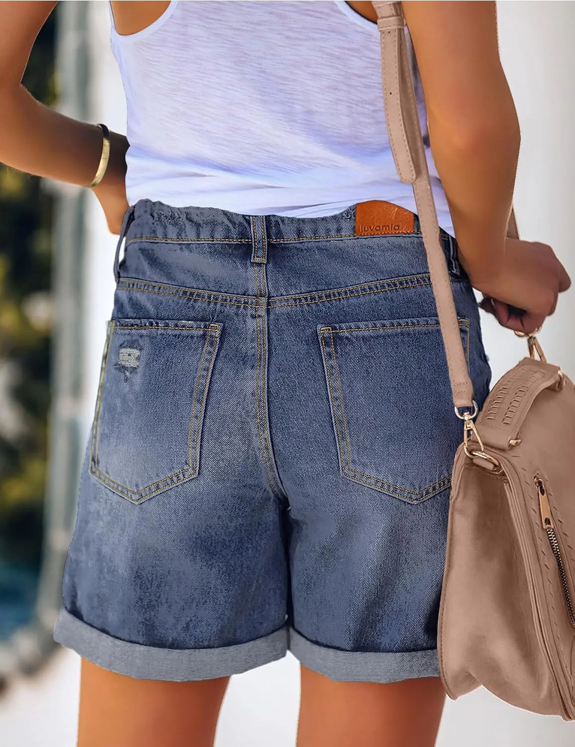 luvamia Women's Casual Ripped Denim Shorts High Rise Distressed Rolled Hem Jeans Shorts
