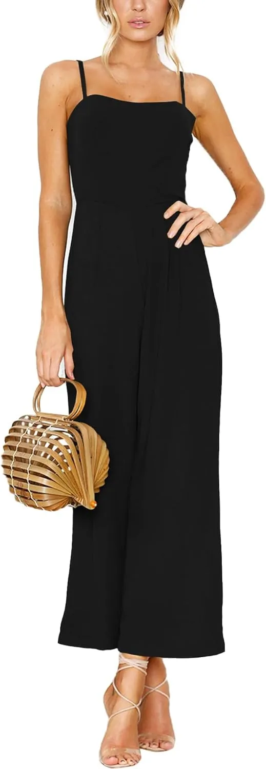 LYANER Women's Spaghetti Straps Sleeveless Wide Leg High Waist Pant Romper Jumpsuit